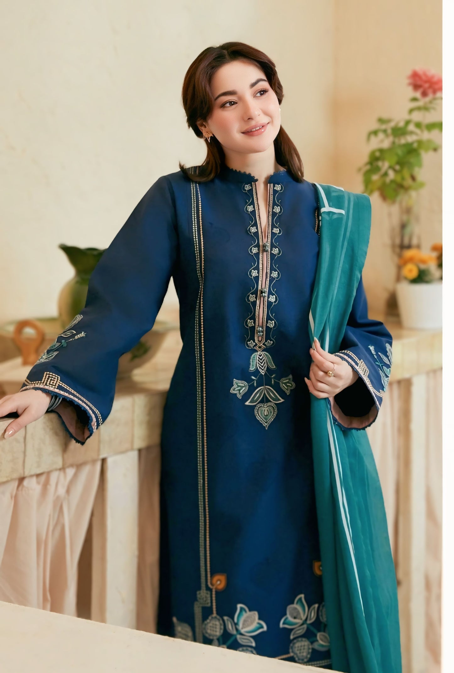 Navy Blue Elegance with Teal Dupatta | Sanaat Fashion Winter Collection 3Pc Unstitched – (D-128)