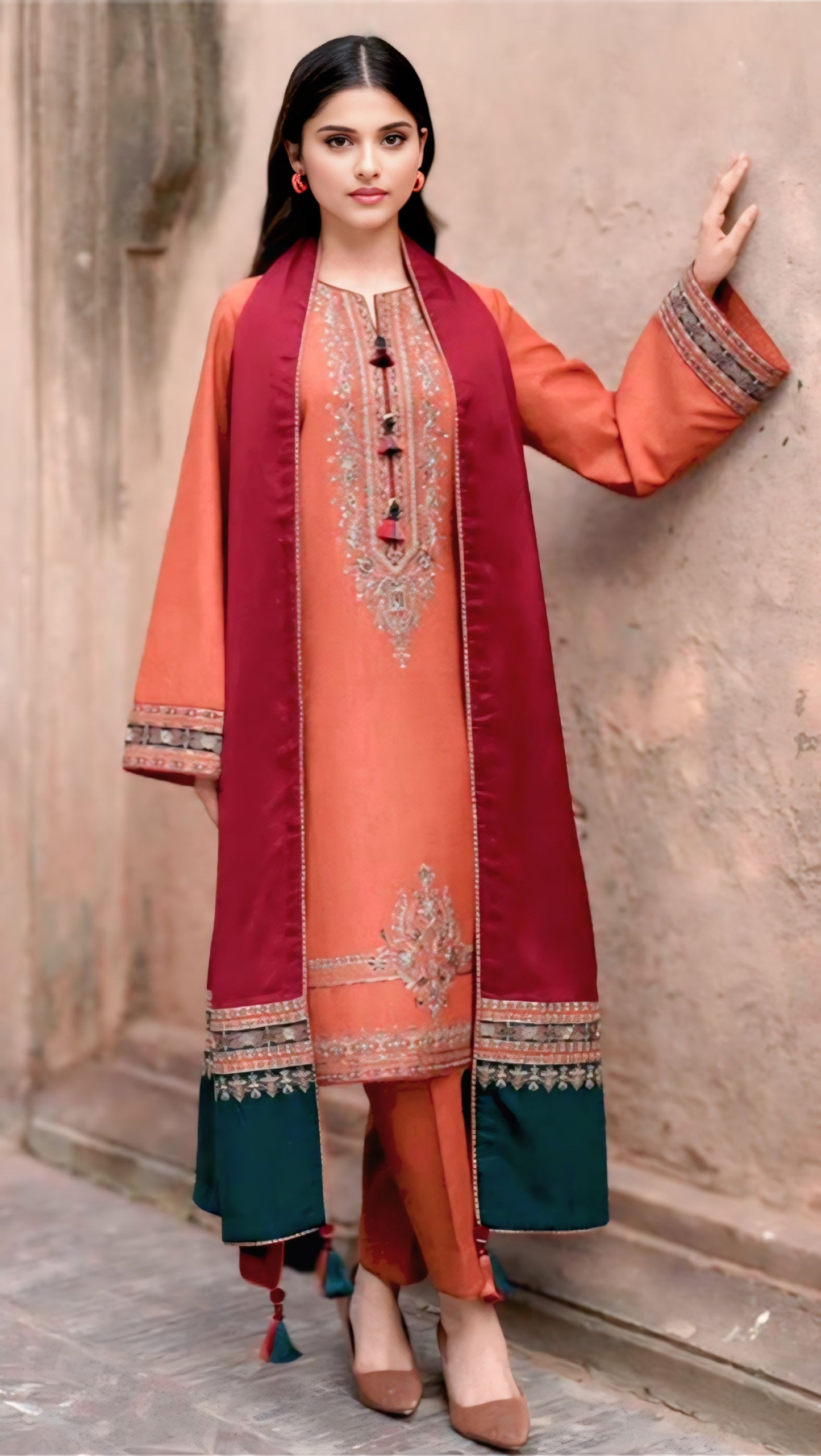 Rust Orange & Maroon Embroidered Linen 3Pc  (Unstitched) D-125