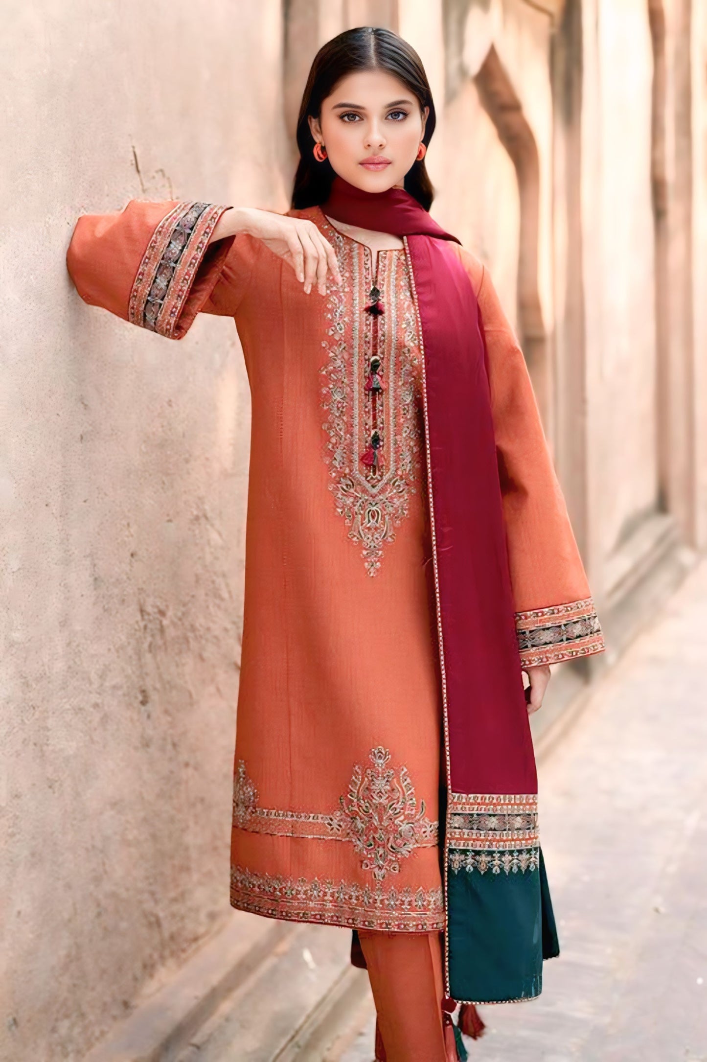 Rust Orange & Maroon Embroidered Linen 3Pc  (Unstitched) D-125