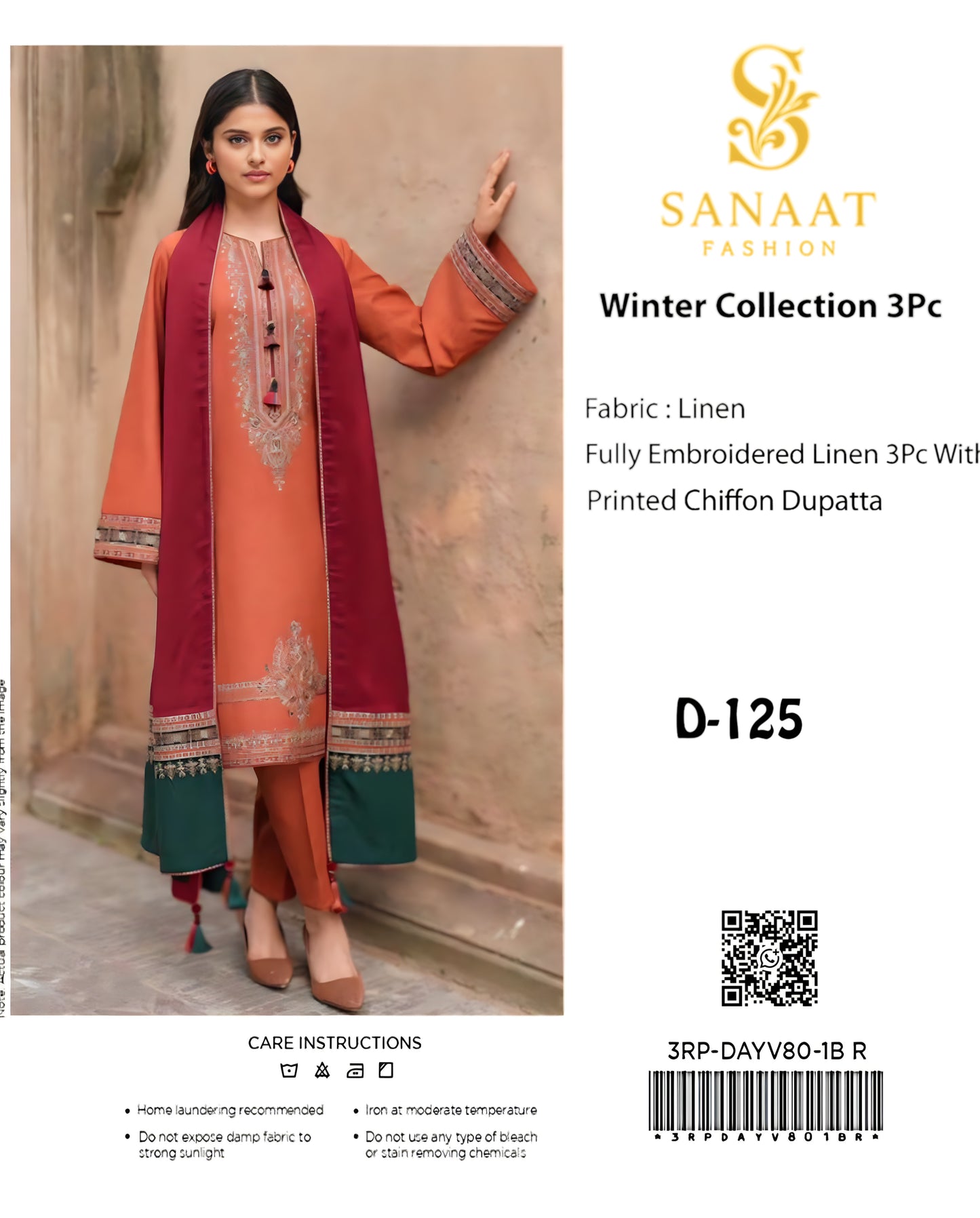 Rust Orange & Maroon Embroidered Linen 3Pc  (Unstitched) D-125