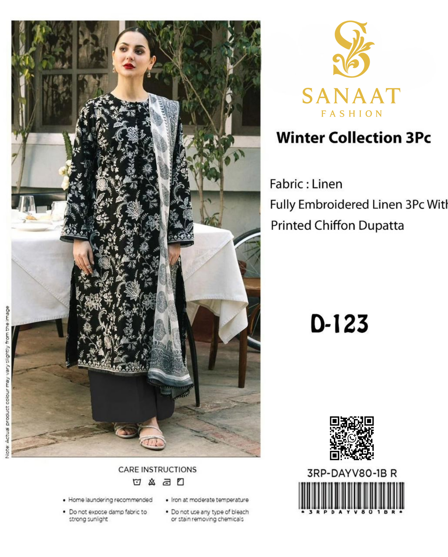 Black Embroidered Linen 3Pc Suit with Printed Chiffon Dupatta