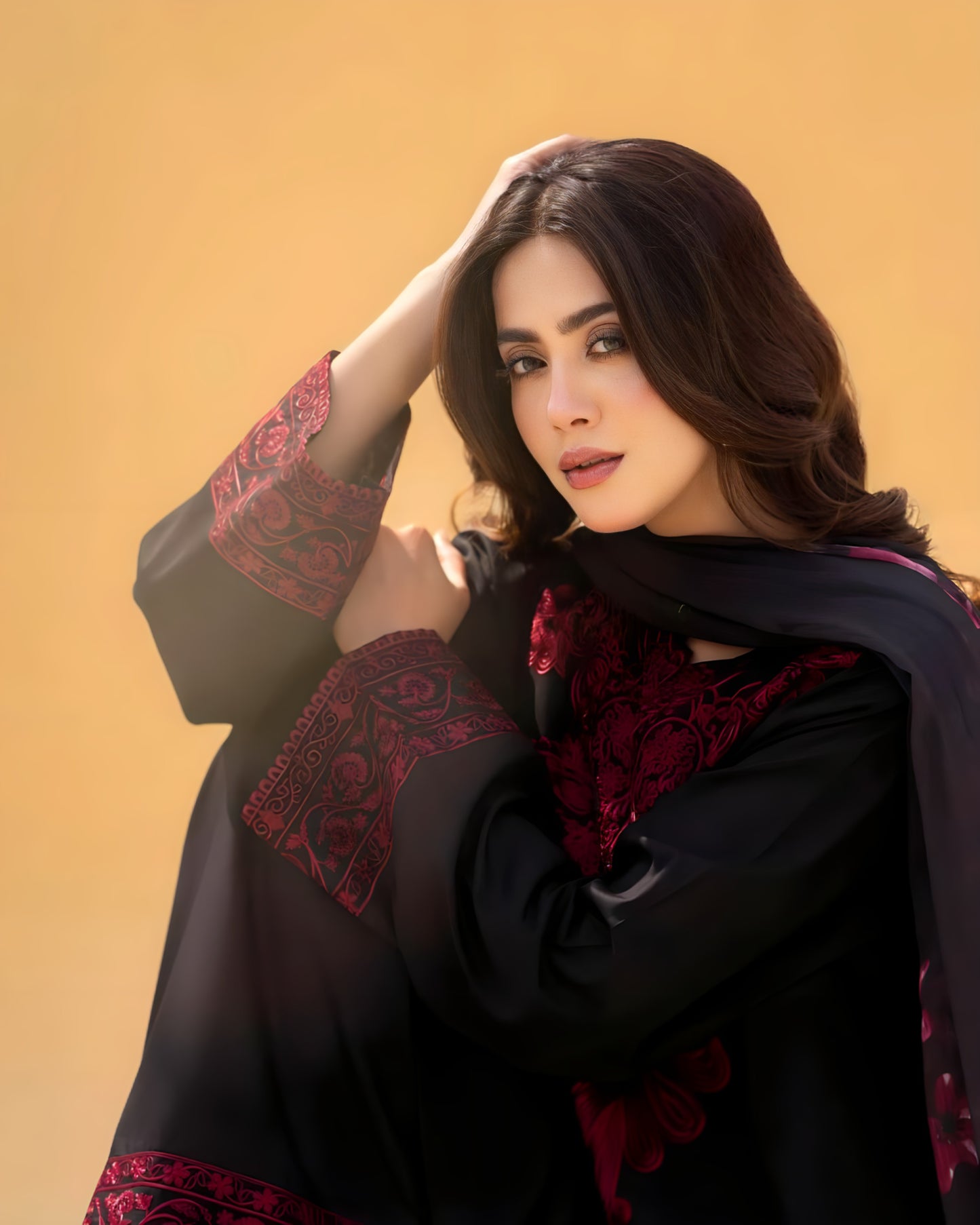 Black & Crimson Red Embroidered 3Pc Linen Suit with Printed Dupatta | D-127