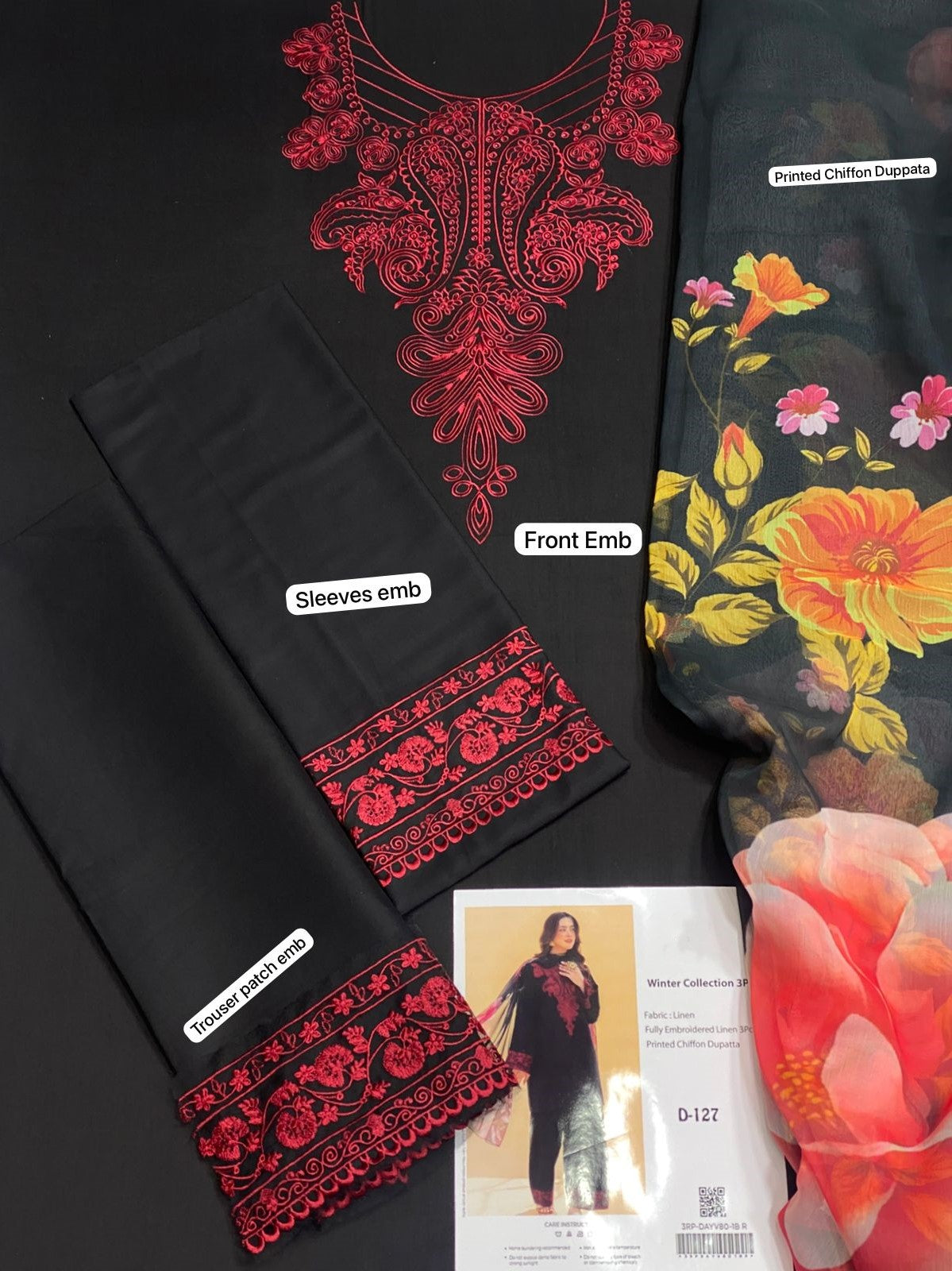 Black & Crimson Red Embroidered 3Pc Linen Suit with Printed Dupatta | D-127