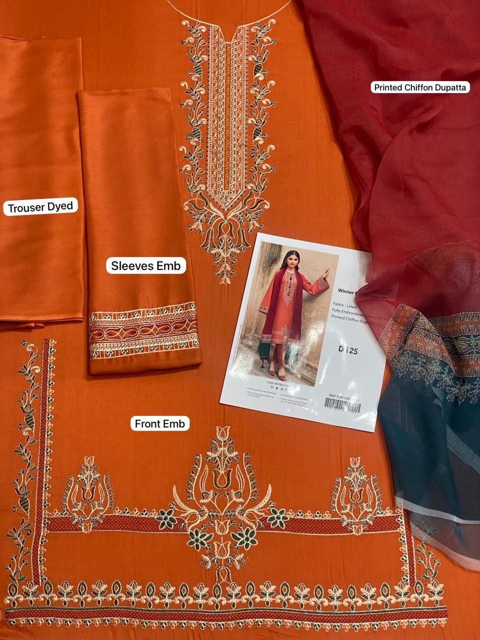 Rust Orange & Maroon Embroidered Linen 3Pc  (Unstitched) D-125
