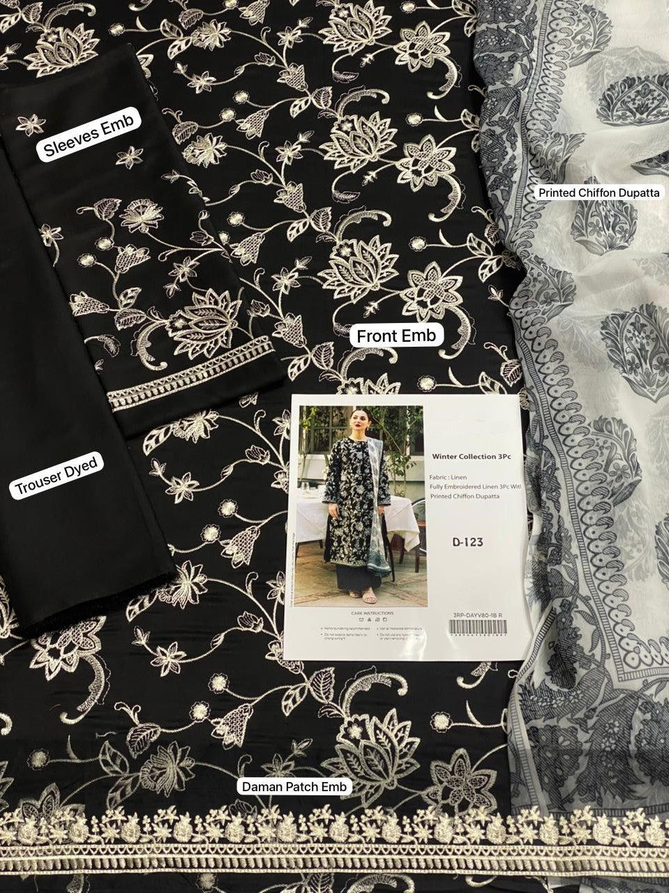 Black Embroidered Linen 3Pc Suit with Printed Chiffon Dupatta
