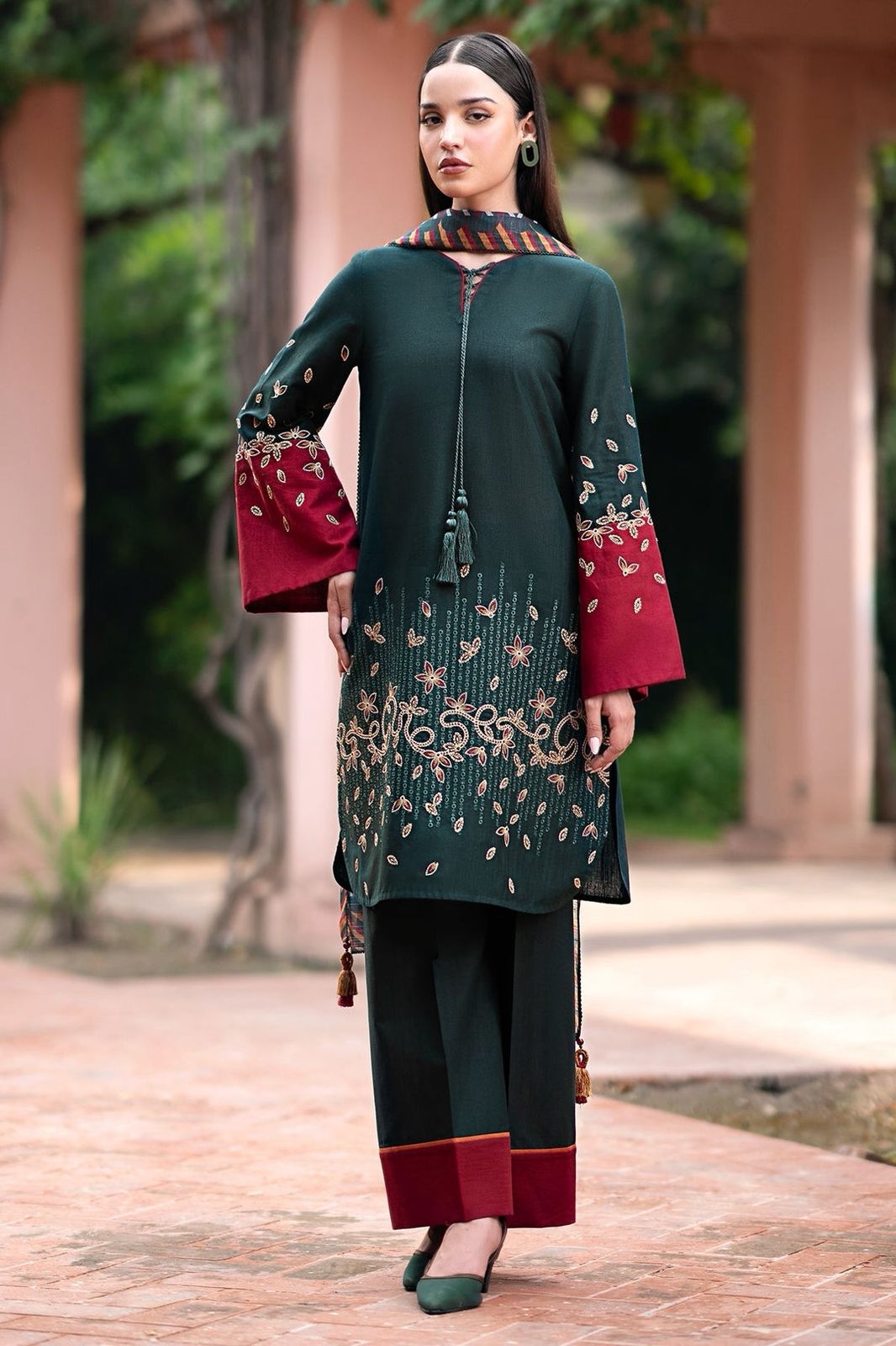 Deep Green Linen Embroidered 3Pc with Maroon Accents & Printed Dupatta | Sanaat Fashion – D-126