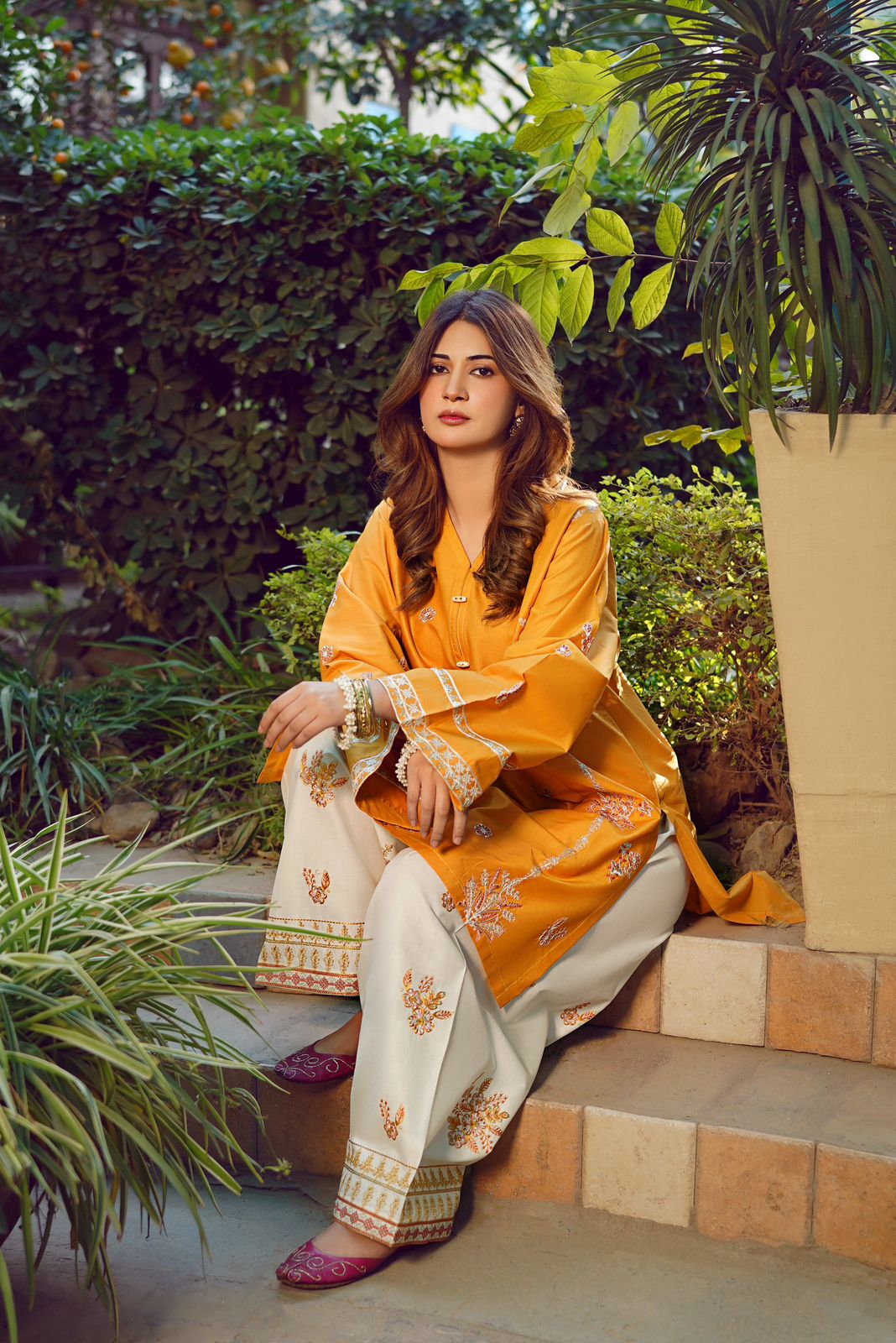 Mustard & Off-White Embroidered Linen 2Pc (Unstitched) – D-130