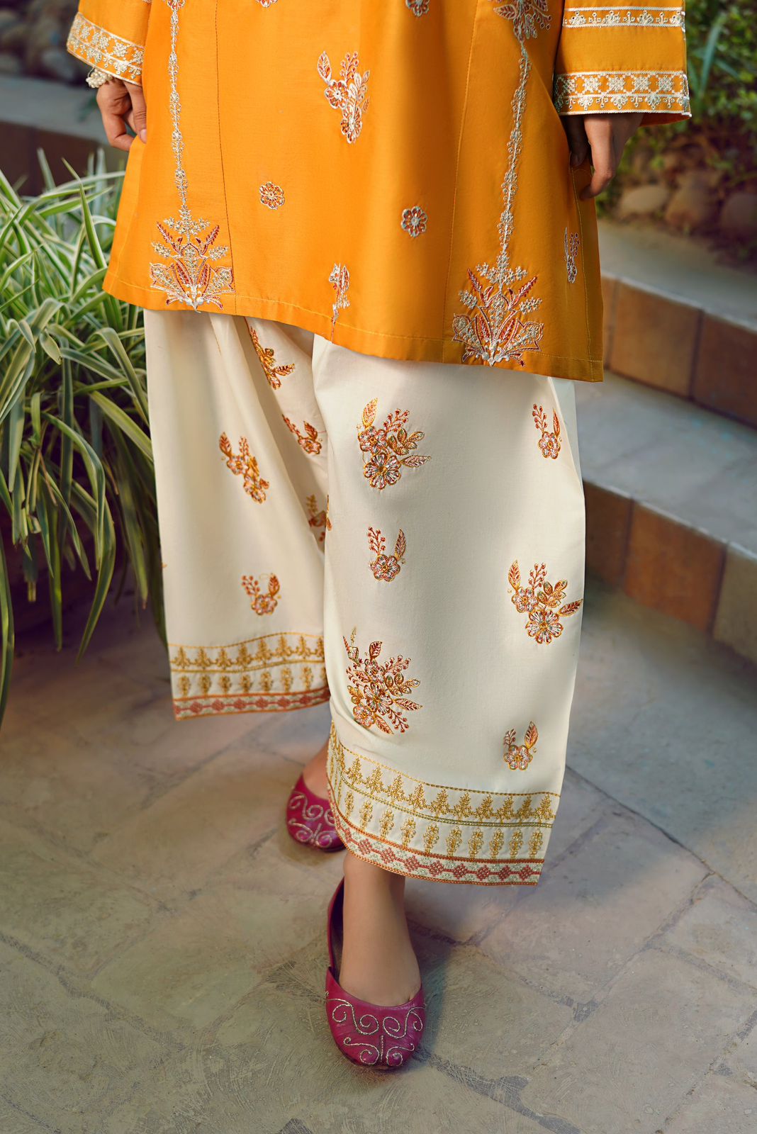 Mustard & Off-White Embroidered Linen 2Pc (Unstitched) – D-130