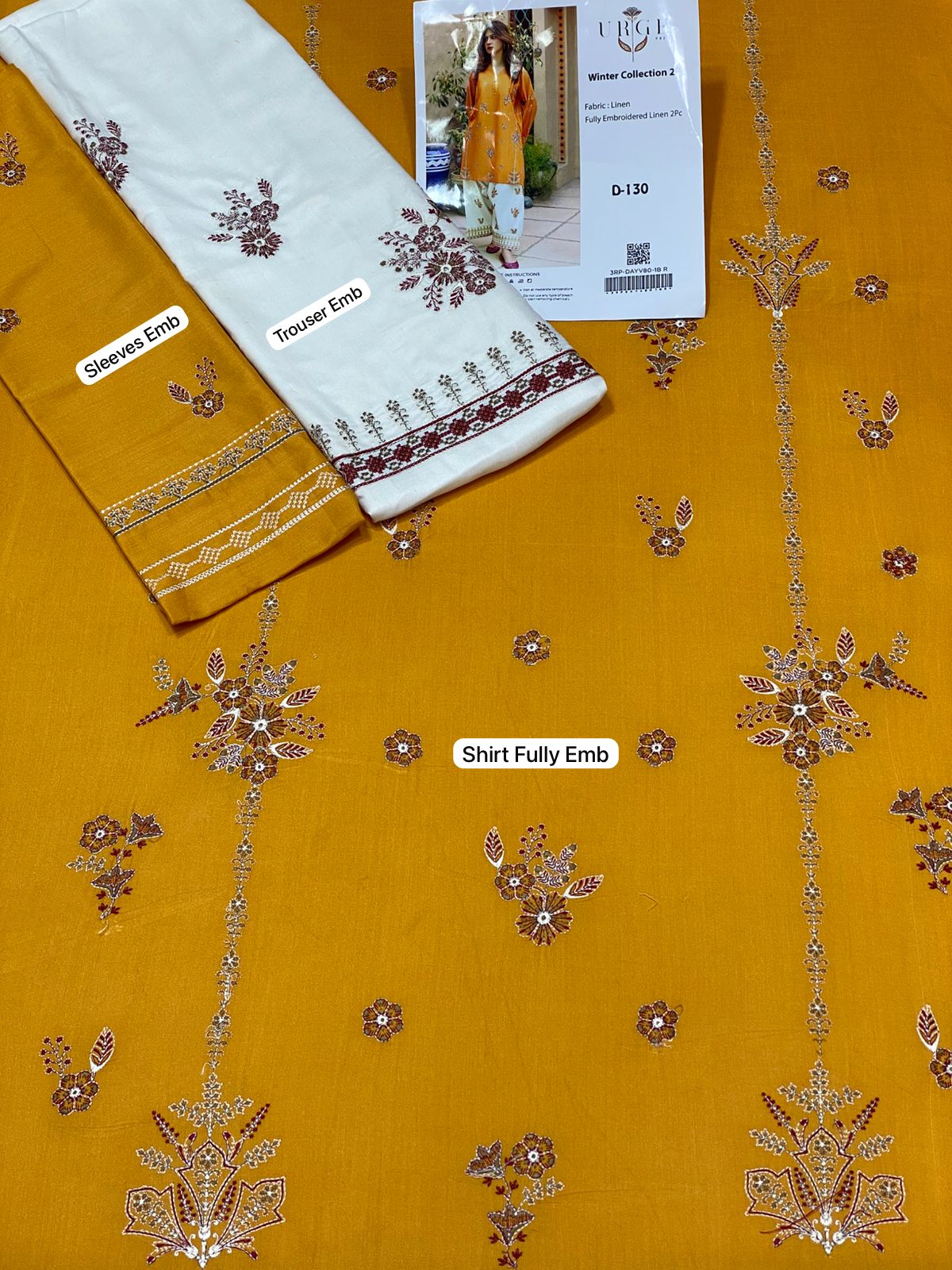 Mustard & Off-White Embroidered Linen 2Pc (Unstitched) – D-130