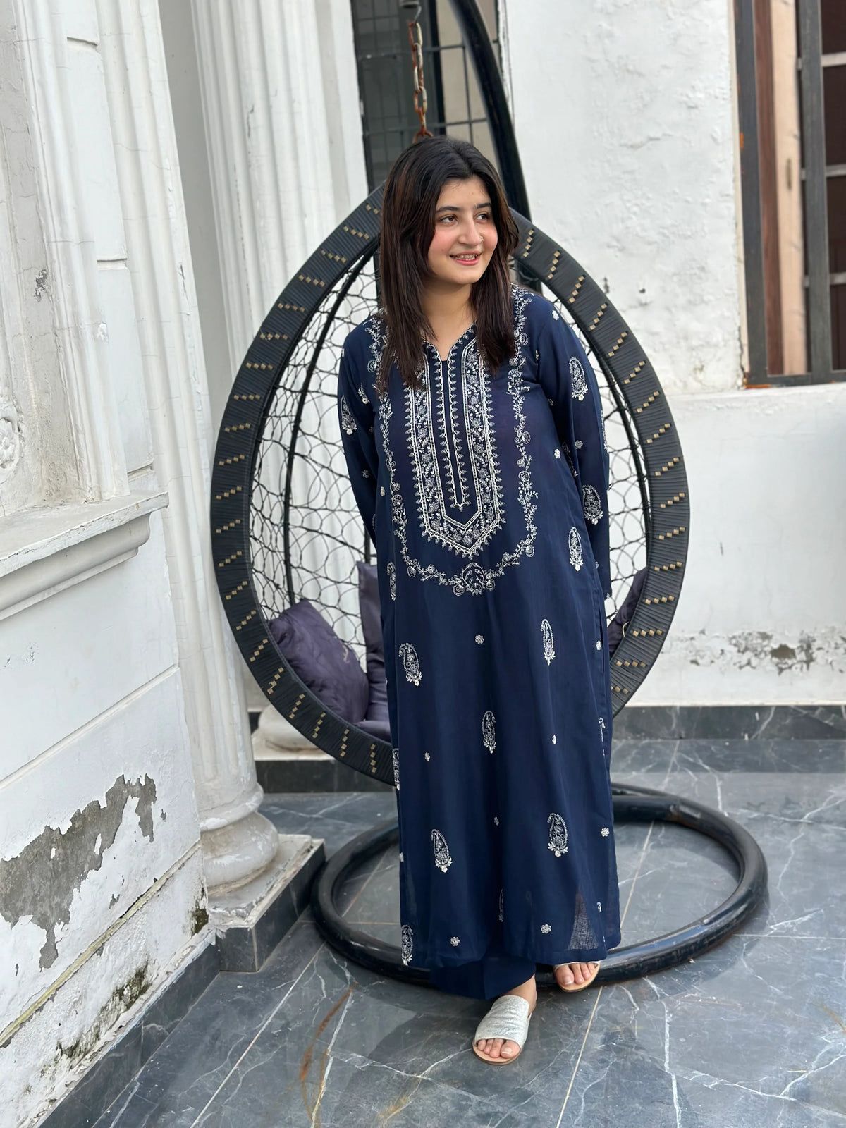 Unstitched 2PC Navy Blue Embroidered Linen Suit  (D-133).