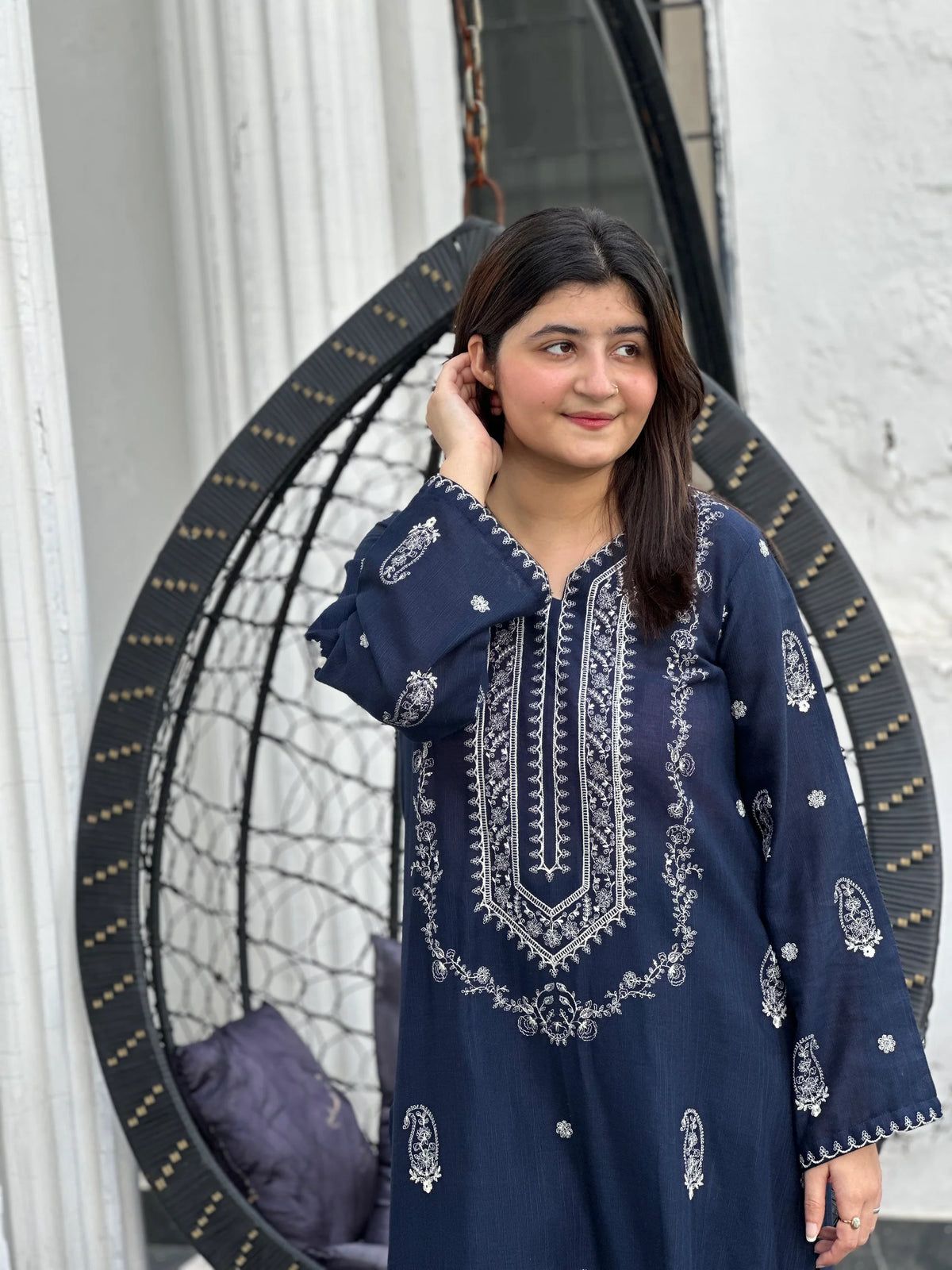 Unstitched 2PC Navy Blue Embroidered Linen Suit  (D-133).