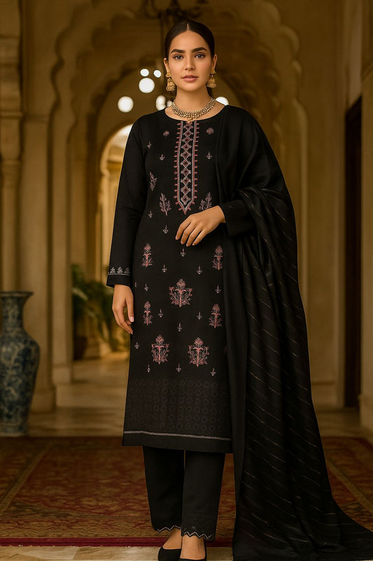 Bin Saeed Luxury Karandi 3Pc Embroidered Suit with Jacquard Dupatta – Black Design 01