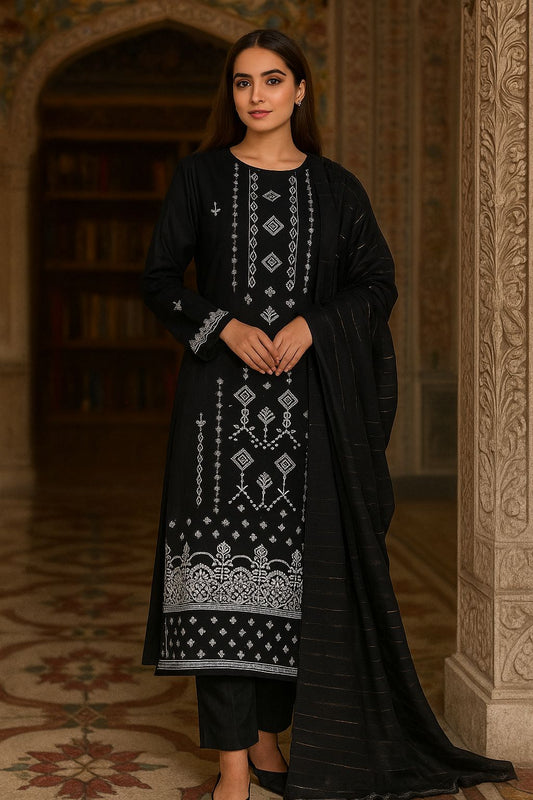 Bin Saeed Luxury Karandi 3Pc Embroidered Suit with Jacquard Dupatta – Black Design 02