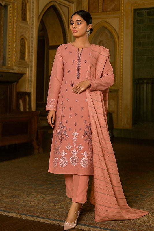 Bin Saeed Luxury Karandi 3Pc Embroidered Suit with Jacquard Dupatta – Blush Pink Design 01