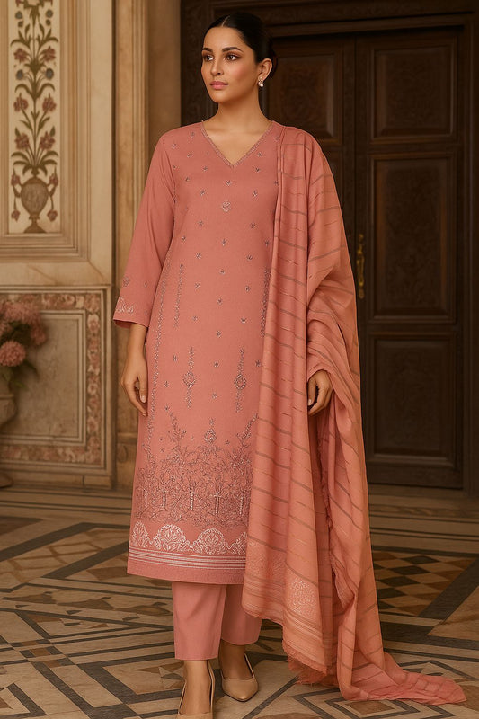 Bin Saeed Luxury Karandi 3Pc Embroidered Suit with Jacquard Dupatta – Blush Pink Design 02