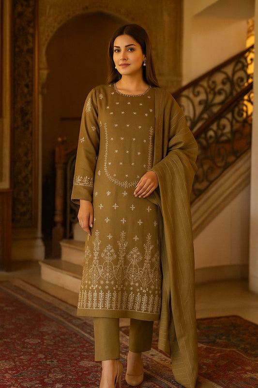 Bin Saeed Olive Brown Luxury Karandi 3Pc Embroidered Suit – Design 01