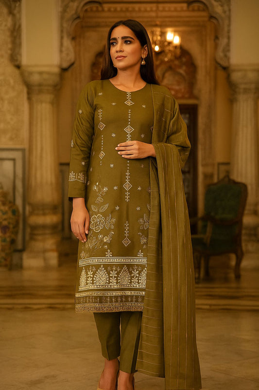 Bin Saeed Olive Brown Luxury Karandi 3Pc Embroidered Suit – Design 02