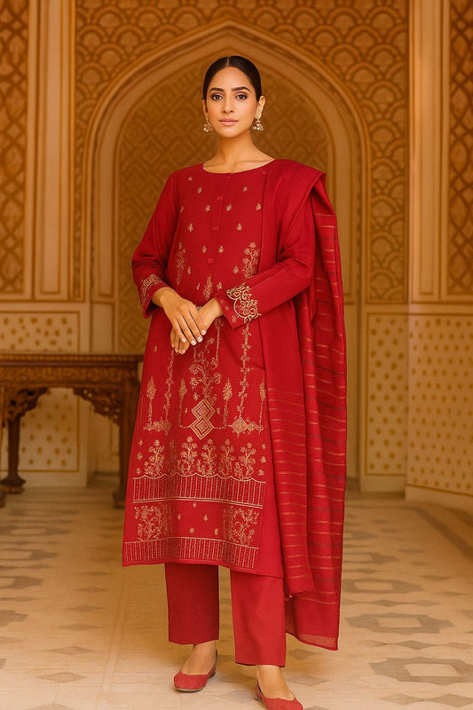 Bin Saeed Red Royal Touch Luxury Karandi 3Pc Embroidered Suit – Design 01