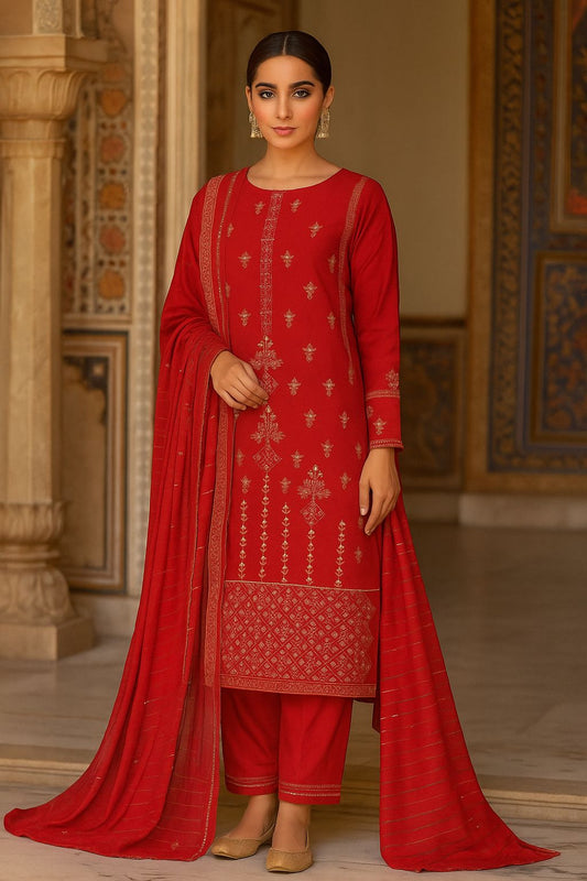 Bin Saeed Red Royal Touch Luxury Karandi 3Pc Embroidered Suit – Design 02