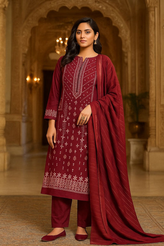 Bin Saeed Luxury  Wine Red Karandi 3Pc Embroidered Suit – Design 01