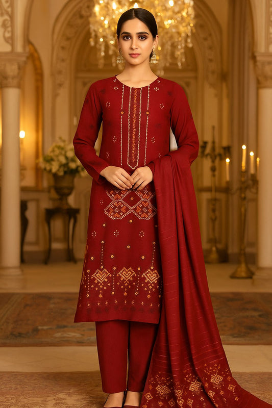 Bin Saeed Luxury  Wine Red Karandi 3Pc Embroidered Suit – Design 02