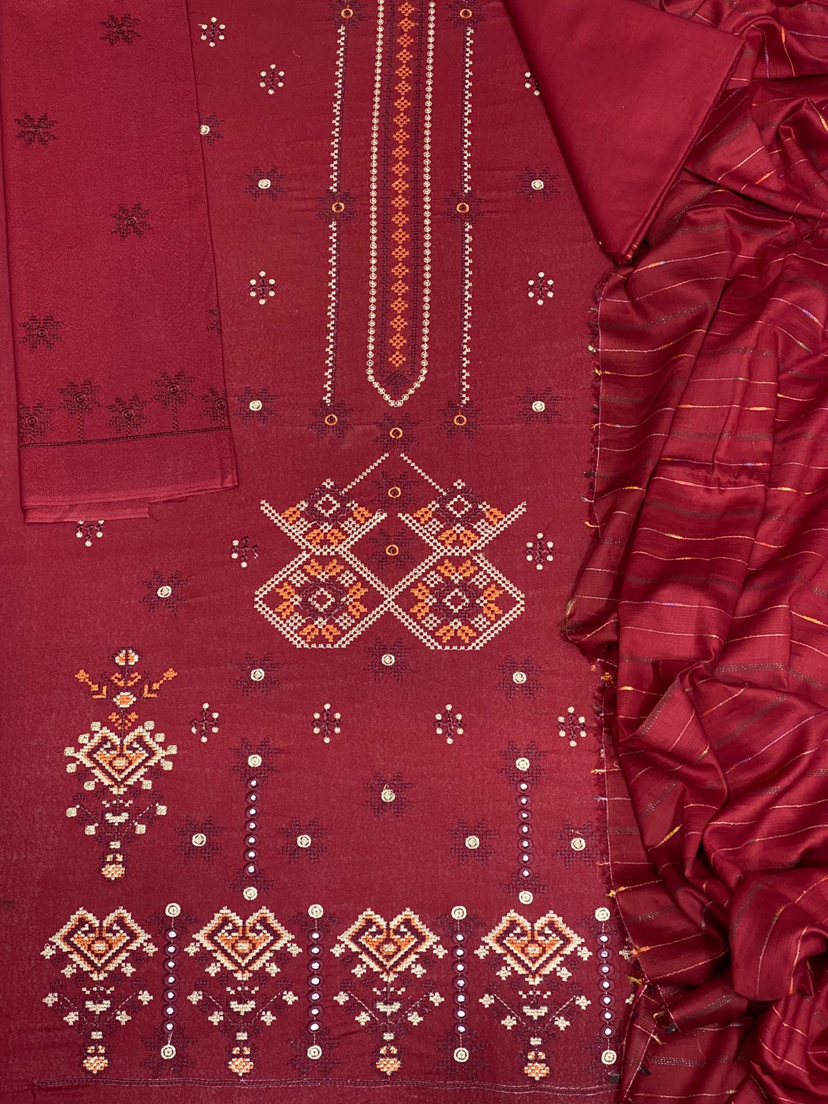 Bin Saeed Luxury Karandi 3Pc Embroidered Suit – Design 02 Wine Red