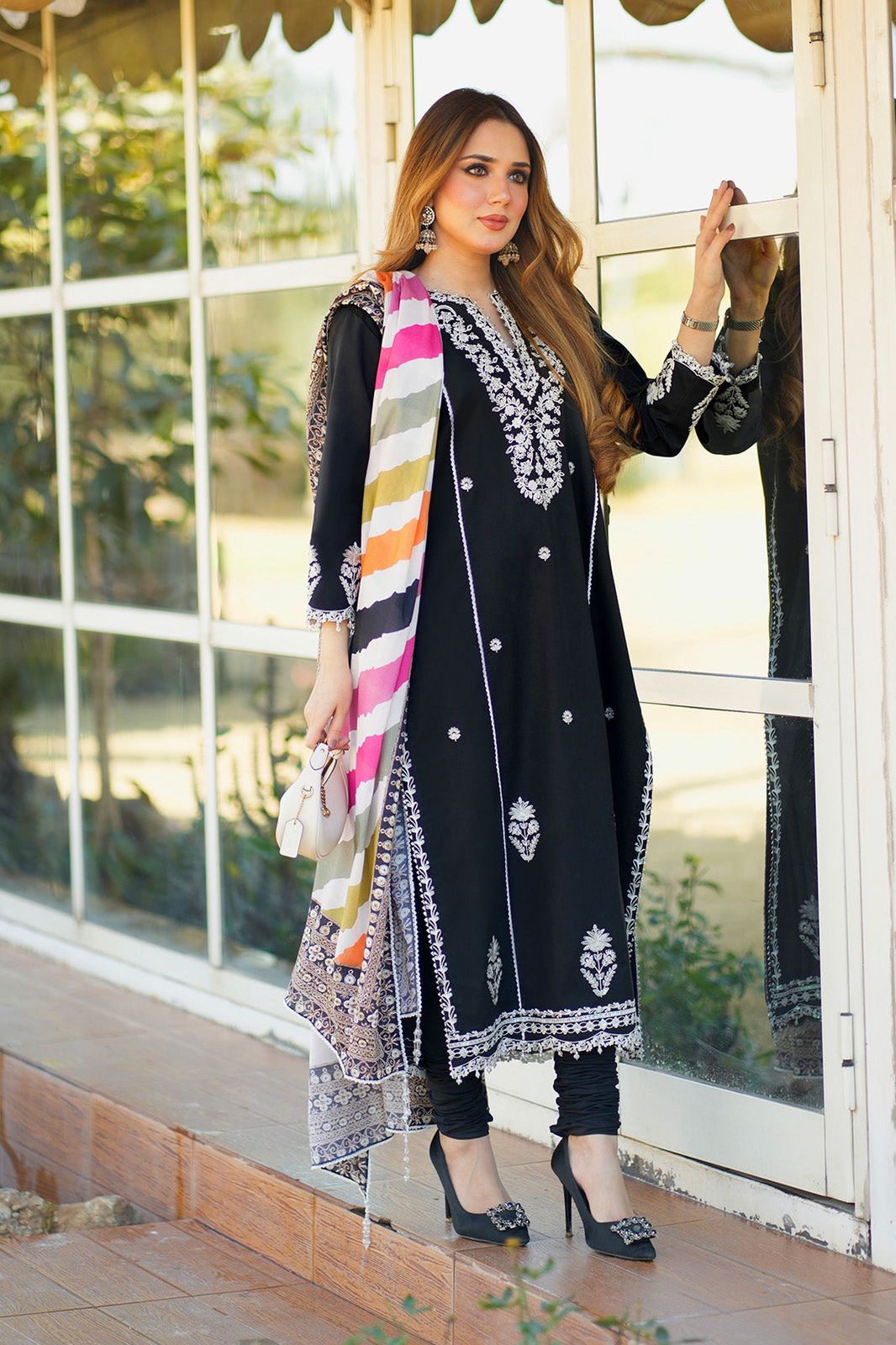 Black Linen Embroidered 3-Piece Suit - Sanaat Fashion