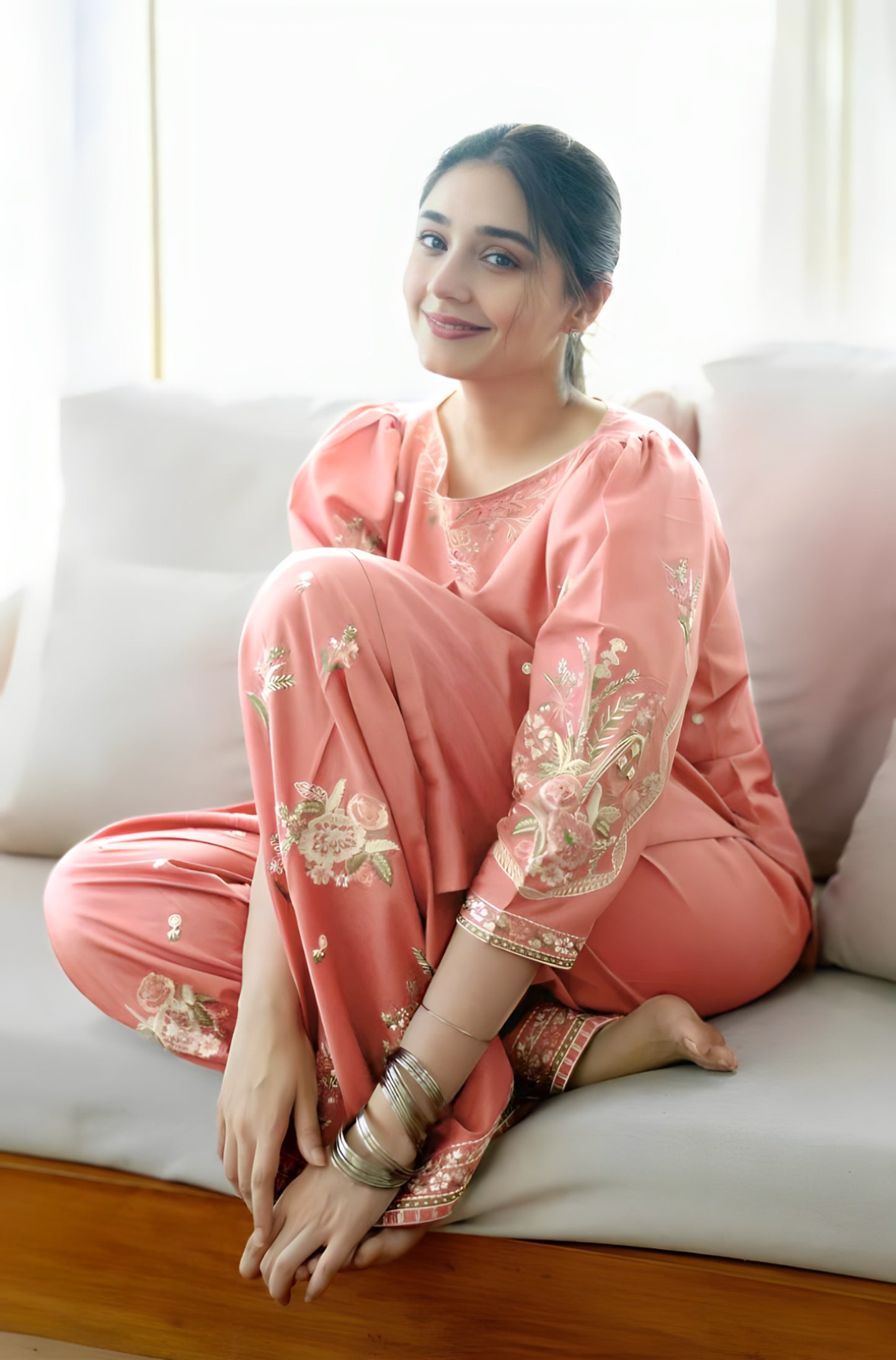 Peach Pink Embroidered 2-Piece Linen Suit | D-139