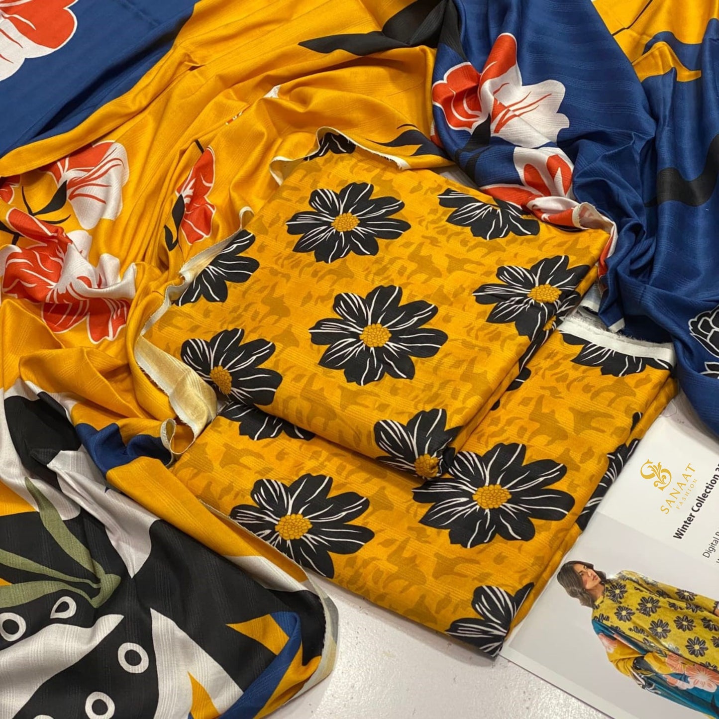 Mustard Floral Print Linen 3Pc – with Contrasting Blue Dupatta (Unstitched) D-114