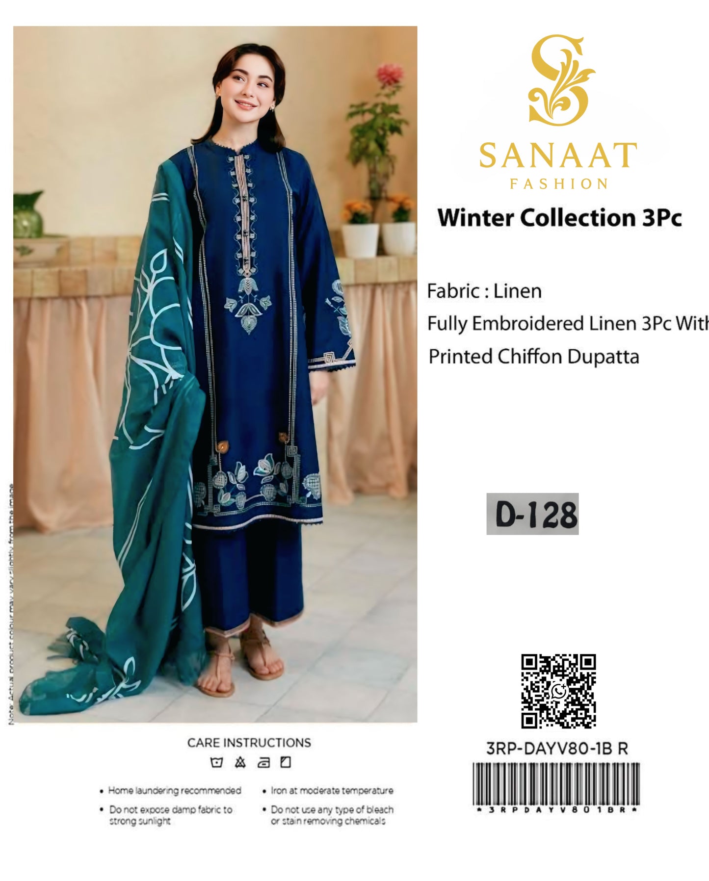 Navy Blue Elegance with Teal Dupatta | 3Pc Unstitched – (D-128)