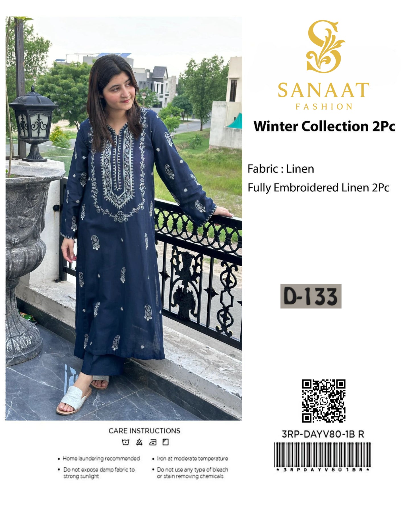 Unstitched 2PC Navy Blue Embroidered Linen Suit  (D-133).