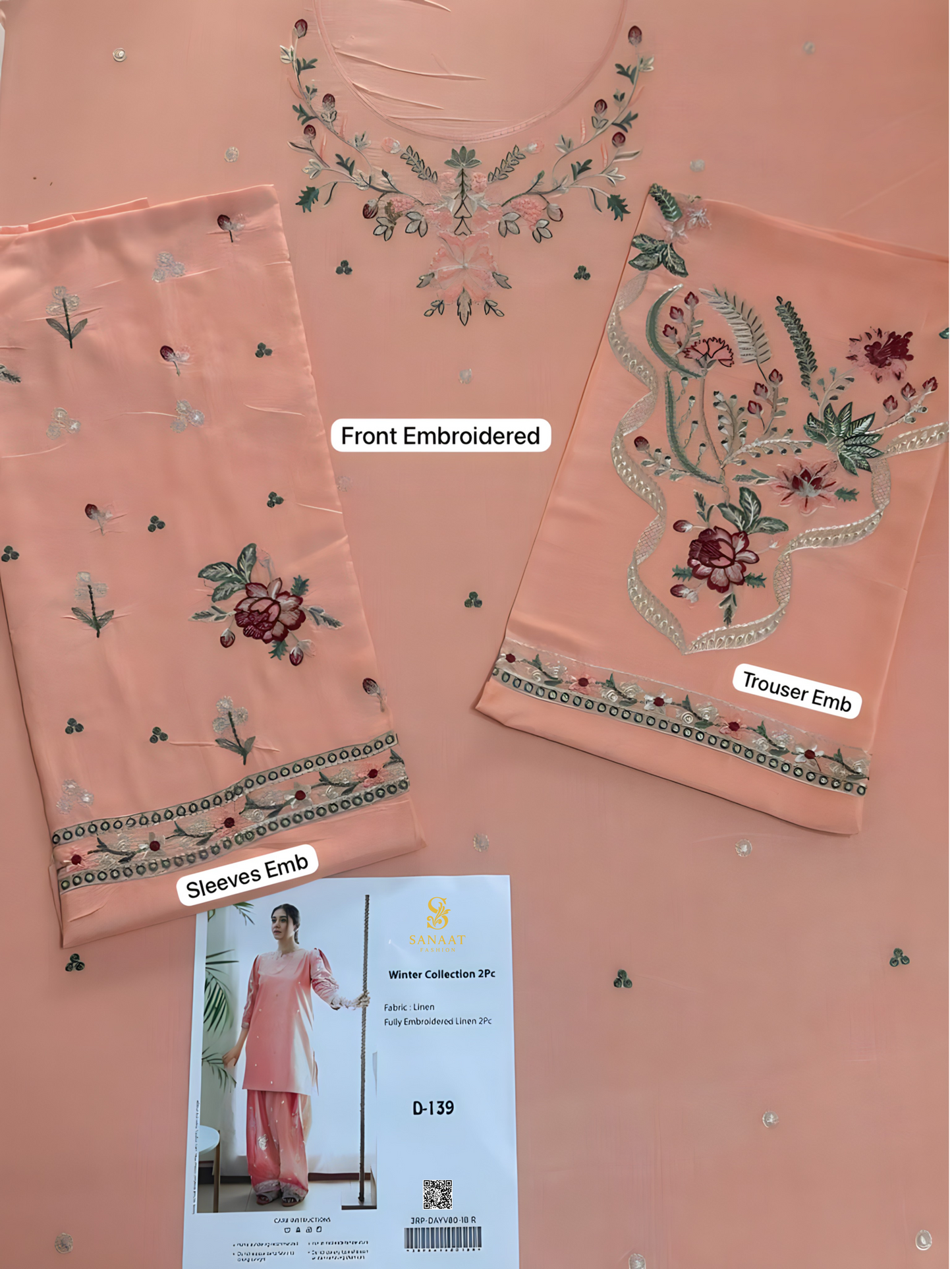 Peach Pink Embroidered 2-Piece Linen Suit | D-139