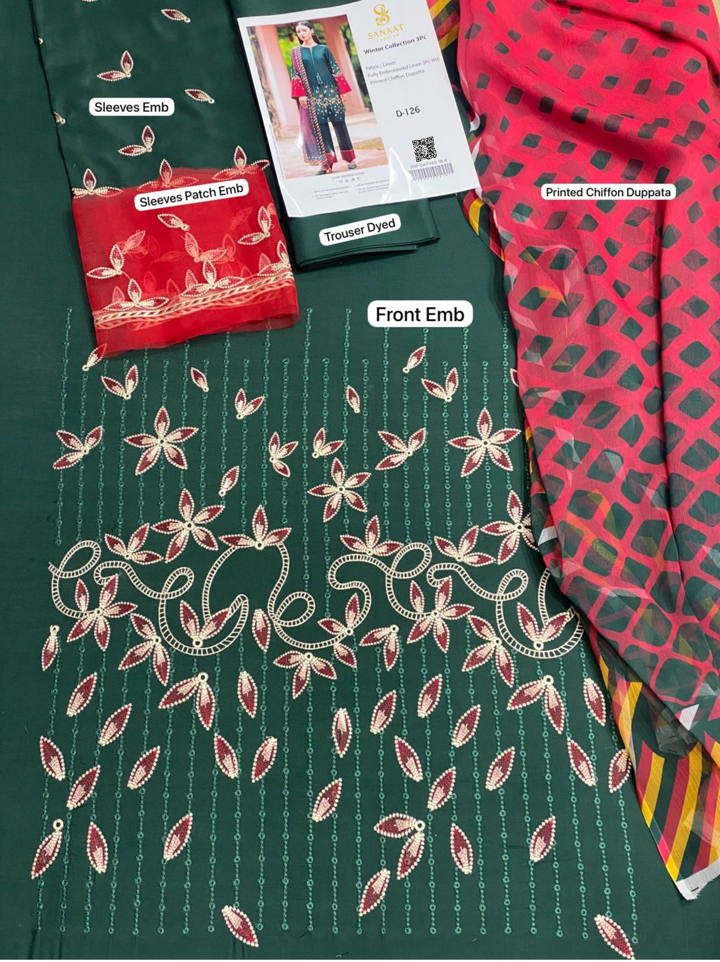 Deep Green Linen Embroidered 3Pc with Maroon Accents & Printed Dupatta |  D-126