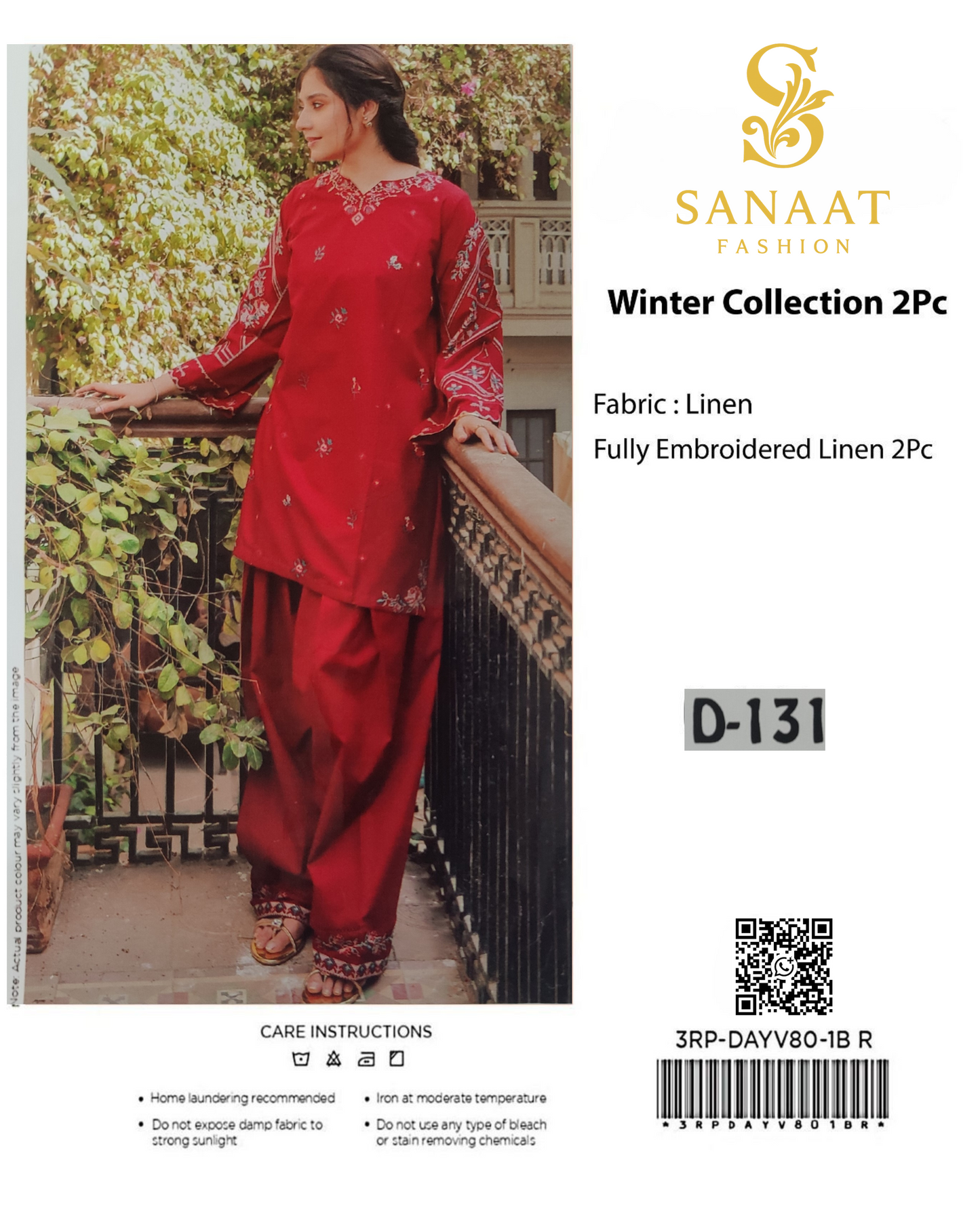 Deep Red Embroidered Linen 2Pc Sanaat Fashion – Winter Collection  (D-131)