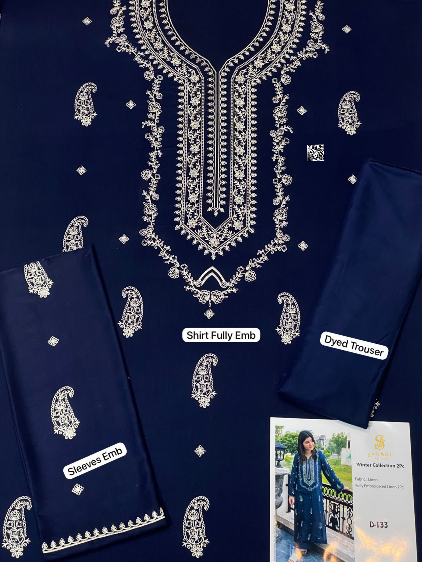 Unstitched 2PC Navy Blue Embroidered Linen Suit  (D-133).