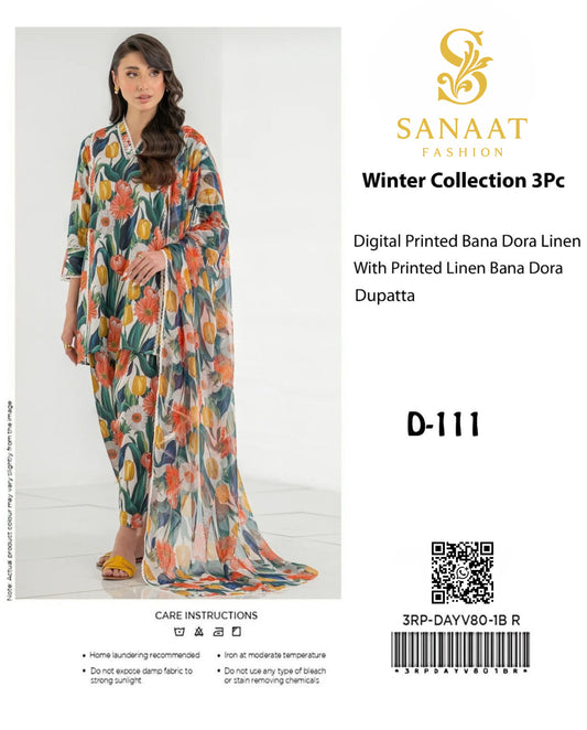 Digital Printed Bana Dora Linen with Dupatta 3Pc (Unstitched) D-111