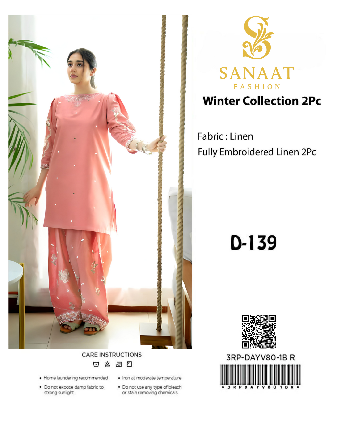 Peach Pink Embroidered 2-Piece Linen Suit | D-139