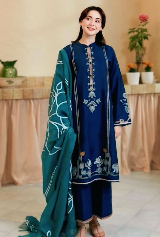 Navy Blue Elegance with Teal Dupatta | 3Pc Unstitched – (D-128)