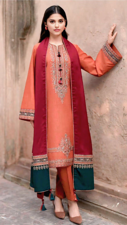 Winter Collection 3Pc – Rust Orange & Maroon Embroidered Linen (Unstitched) D-125