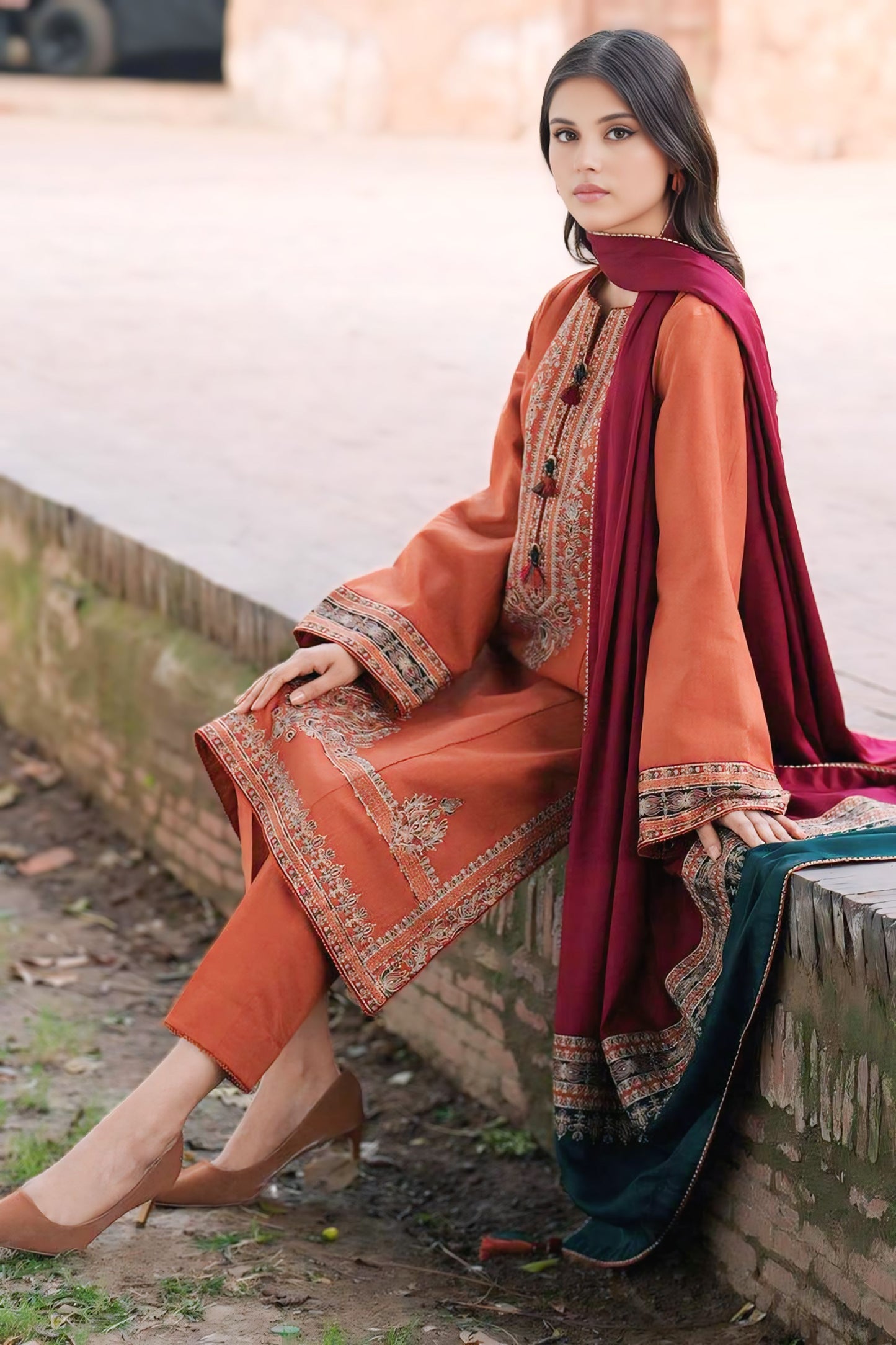Winter Collection 3Pc – Rust Orange & Maroon Embroidered Linen (Unstitched) D-125