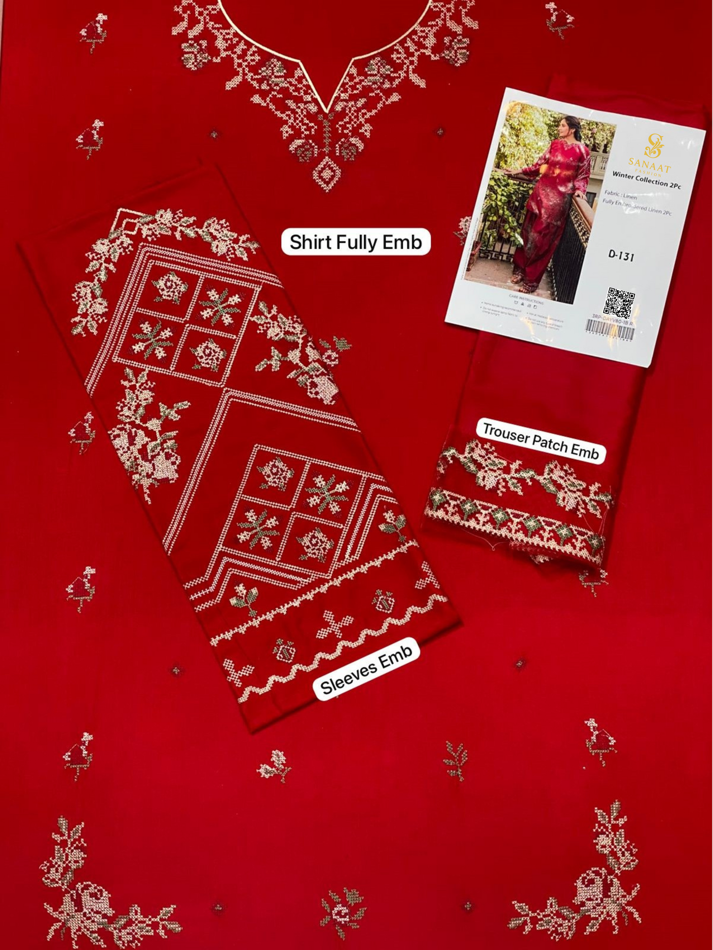 Deep Red Embroidered Linen 2Pc Sanaat Fashion – Winter Collection  (D-131)