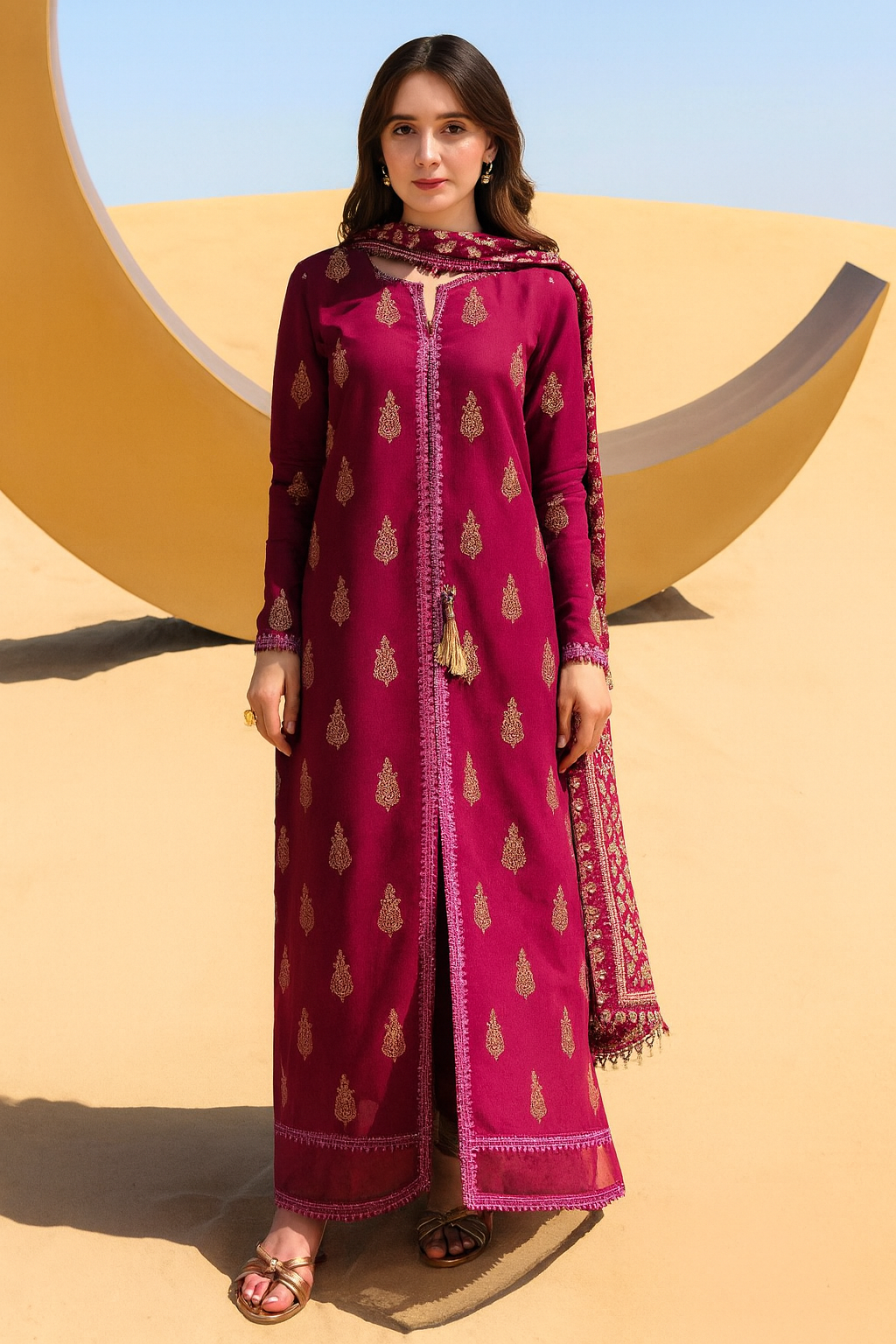 Sanaat Fashion – Winter Collection D-122 | Maroon Embroidered Linen 3Pc Suit with Printed Chiffon Dupatta