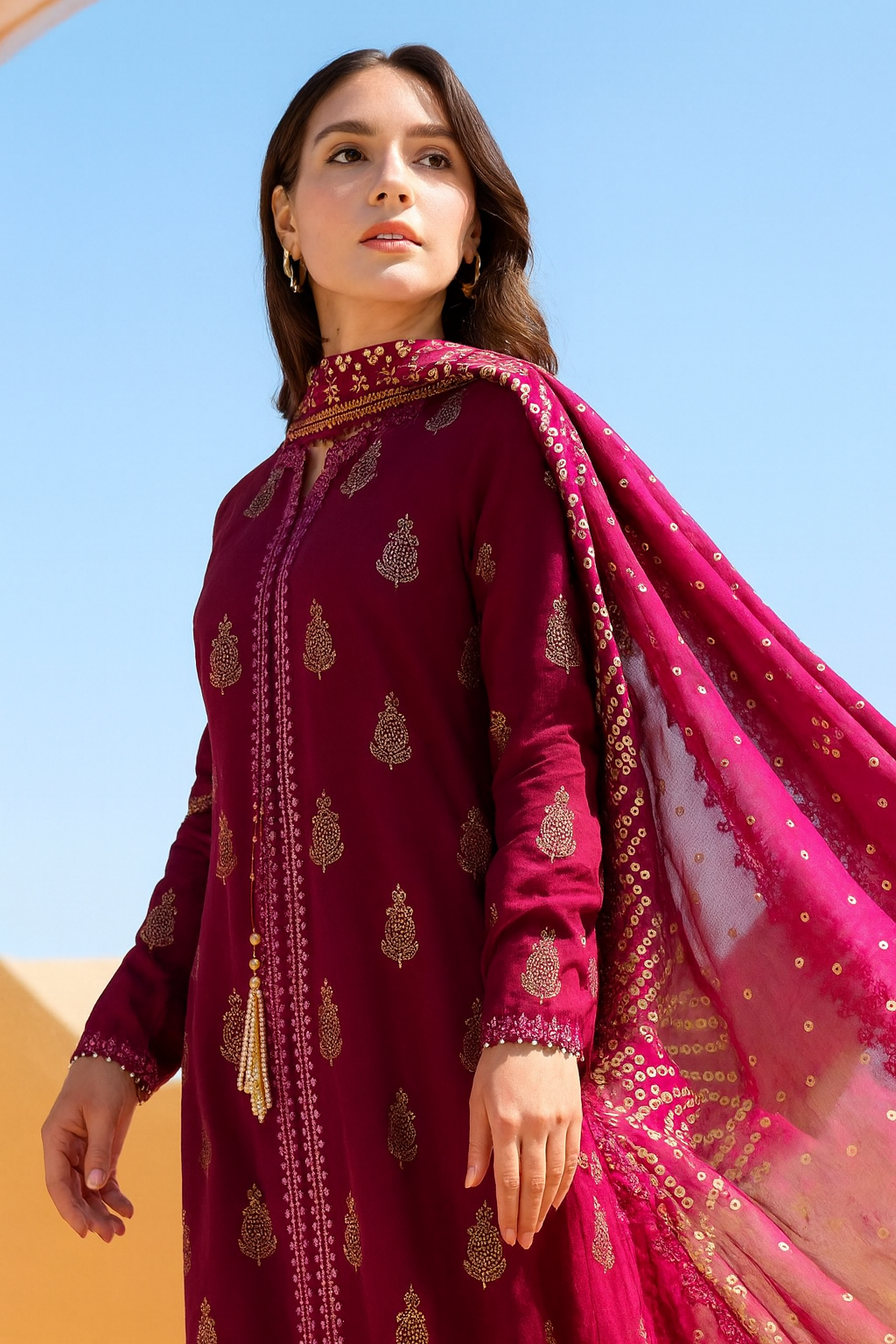 Sanaat Fashion – Winter Collection D-122 | Maroon Embroidered Linen 3Pc Suit with Printed Chiffon Dupatta