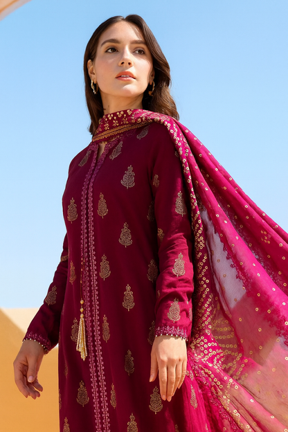 Sanaat Fashion – Winter Collection D-122 | Maroon Embroidered Linen 3Pc Suit with Printed Chiffon Dupatta