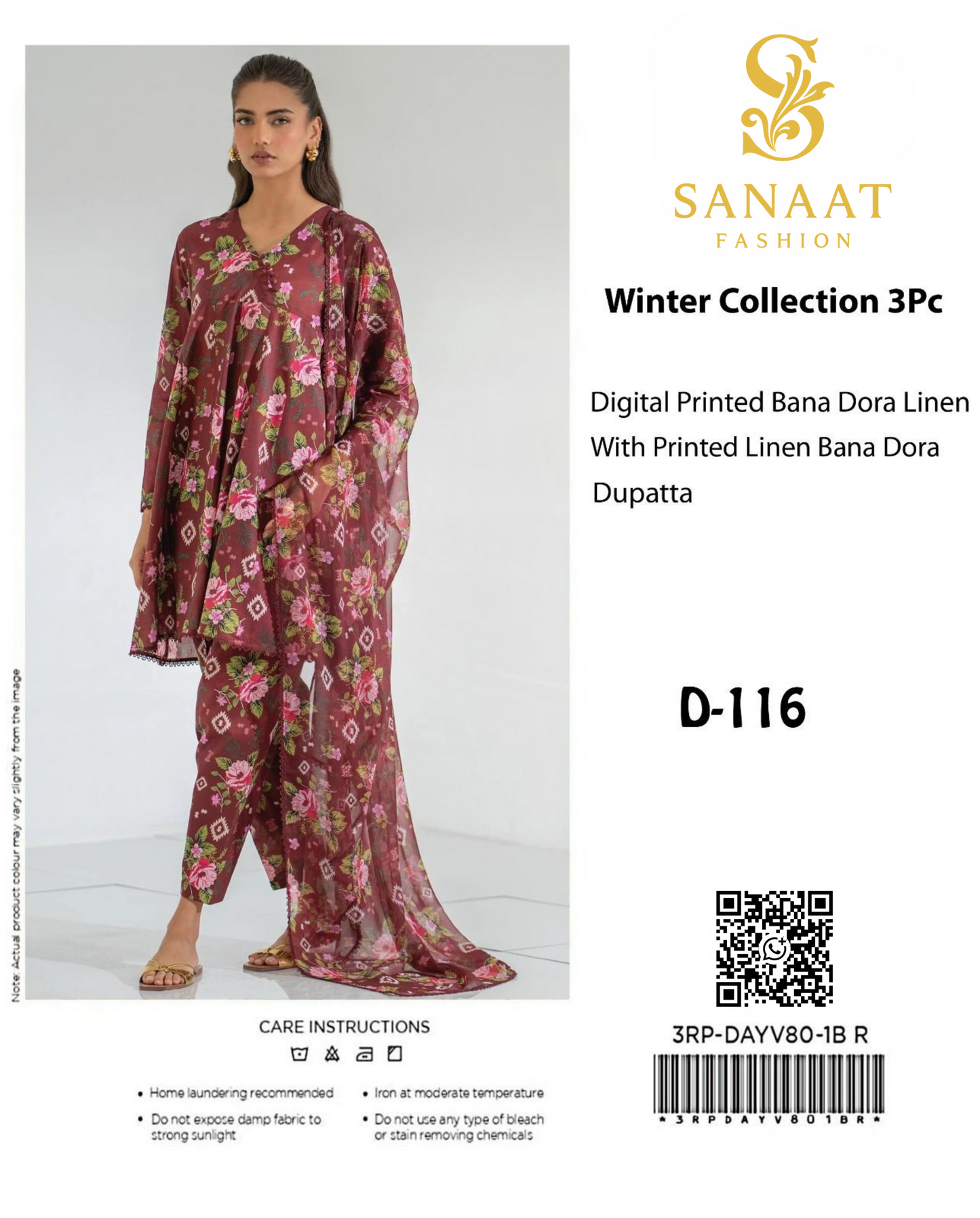 Unstitched Burgundy Floral Bana Dora Linen with Printed Dupatta (D-116) Sanaat Fashion Winter Collection 3Pc –