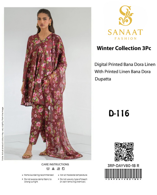 Unstitched Burgundy Floral Bana Dora Linen with Printed Dupatta (D-116) Sanaat Fashion Winter Collection 3Pc –