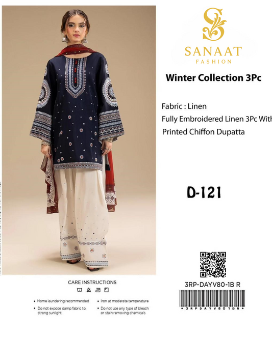Sanaat Fashion – Winter Collection D-121 | 3Pc Embroidered Linen Suit with Chiffon Dupatta