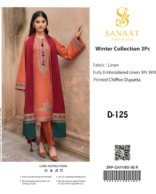 Winter Collection 3Pc – Rust Orange & Maroon Embroidered Linen (Unstitched) D-125