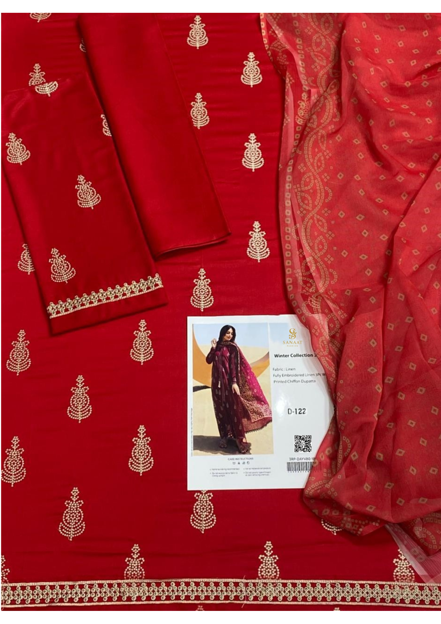 Sanaat Fashion – Winter Collection D-122 | Maroon Embroidered Linen 3Pc Suit with Printed Chiffon Dupatta
