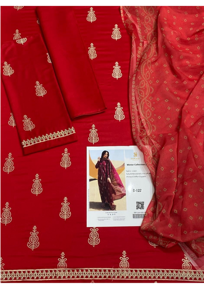 Sanaat Fashion – Winter Collection D-122 | Maroon Embroidered Linen 3Pc Suit with Printed Chiffon Dupatta